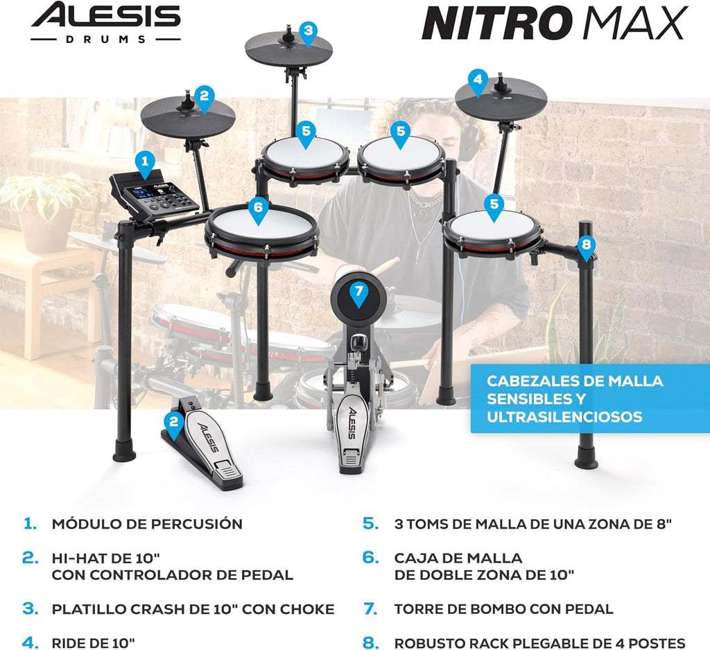 Alesis Nitro Max Kit Batería Electrónica con Parches Silenciosos de Malla, Caja de Doble Zona de 10", Bluetooth, 440+ Sonidos Auténticos, Lecciones Drumeo, USB MIDI, Pedal de Bombo