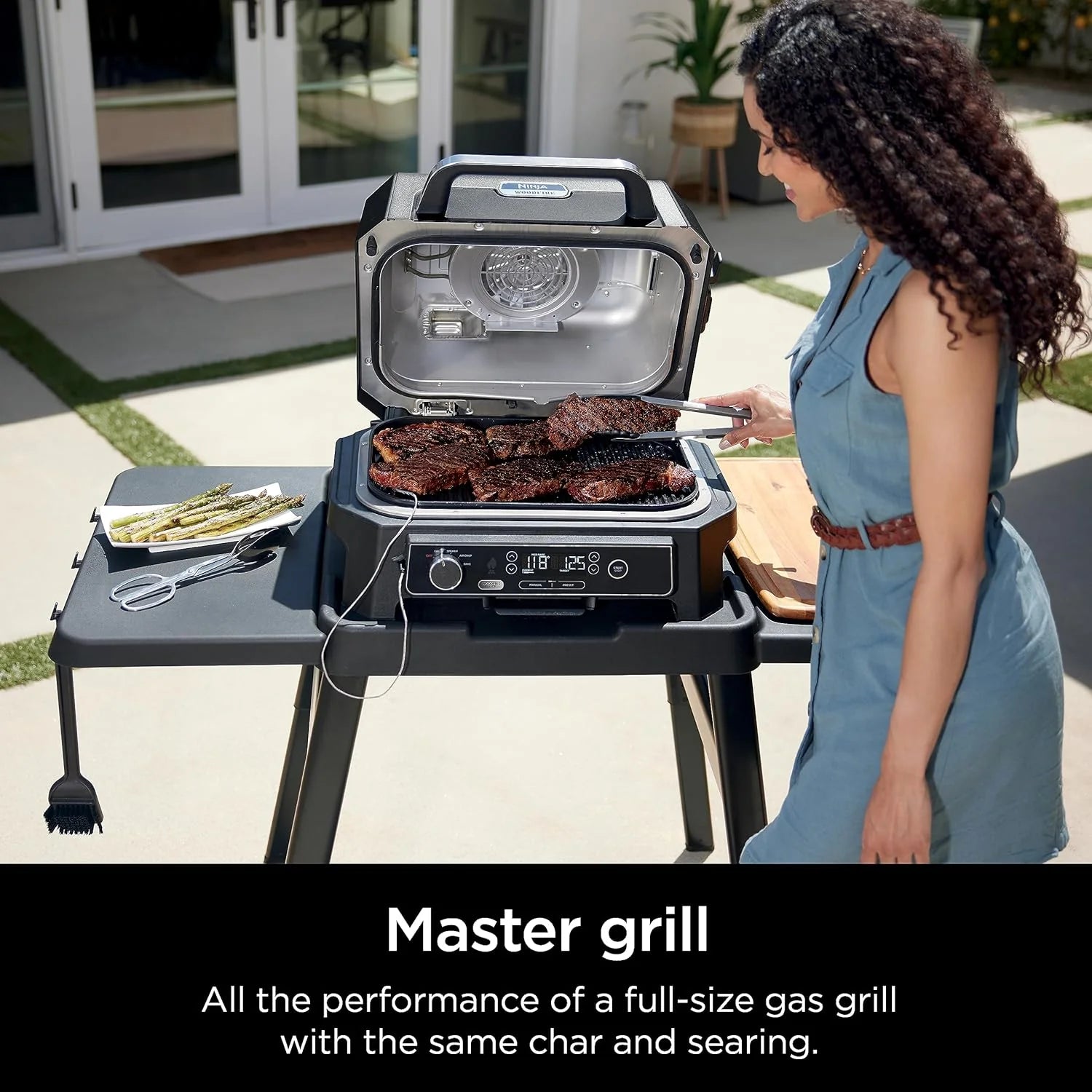 Ninja Woodfire Pro XL 2025, grill i wędzarnia zewnętrzna, termometr, grill Master 4 w 1, wędzarnia BBQ, frytkownica powietrzna na zewnątrz, piekarnik, przenośny, grill elektryczny, ciemnoszary, model OG850