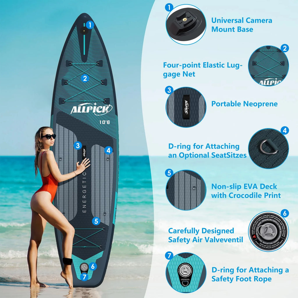 2026 Tabla de Paddle Surf Inflable ALLPICK Premium (Verde Premium) – Set Completo con Soporte Universal para Cámara, Remo Ajustable, para Principiantes y Avanzados, Capacidad 180 kg
