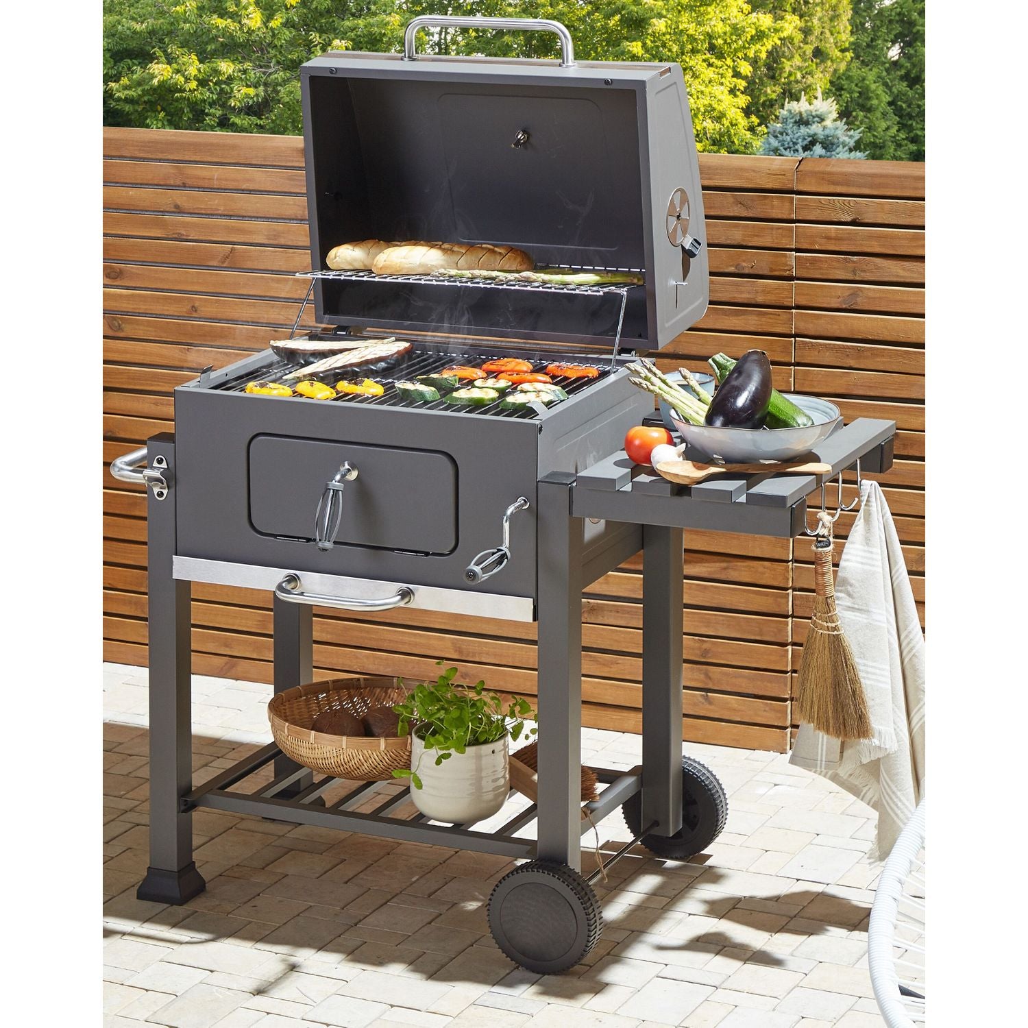 Charcoal BBQ grill, steel grey, with lid, grate, wheels, 2 shelves, thermometer, removable ash tray, Garden Pavlof - grey