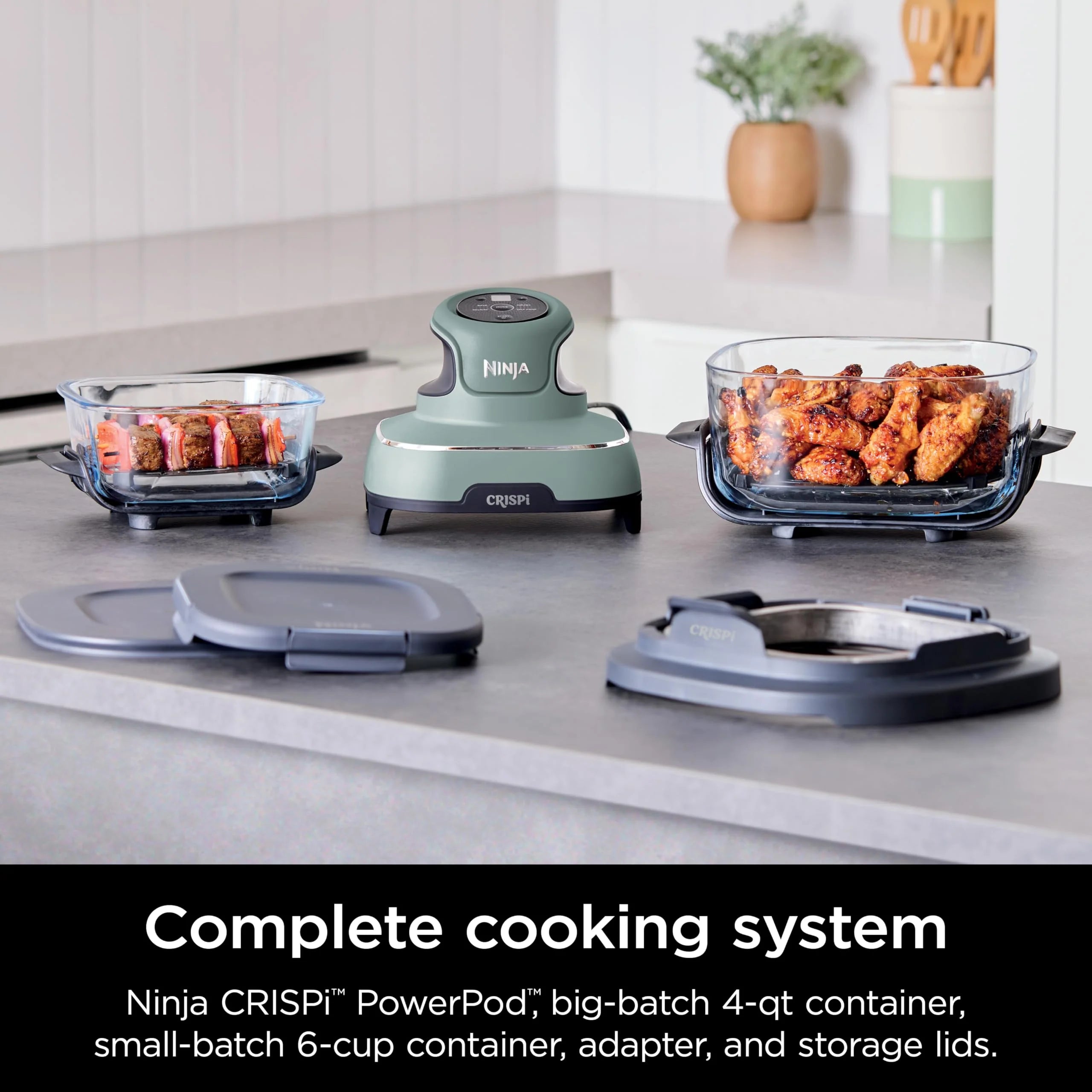 2026 Ninja Crispi Freidora de Aire Caliente, Compatible con Microondas, Congelador y Lavavajillas, Sistema de Cocina Portátil en Vidrio No Tóxico, Recipiente de Vidrio de 1,5 L con 6 Tazas y Tapas