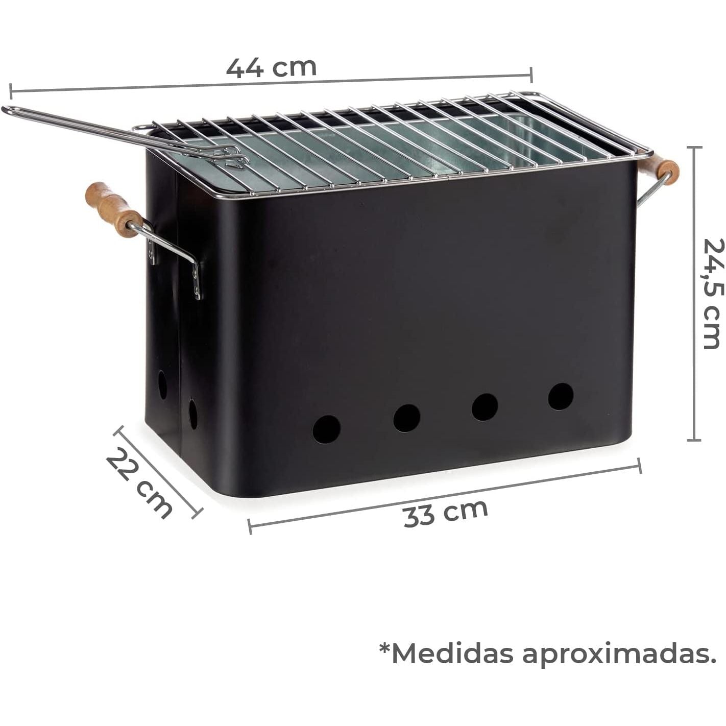 Small, rectangular, portable charcoal grill made of iron and zinc