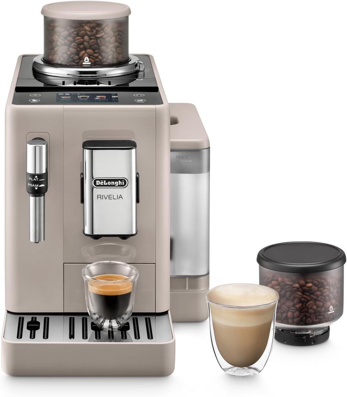 De'Longhi Rivelia EXAM440.55.G, Ekspres automatyczny z LatteCrema Hot, Automatyczny spieniacz do mleka, Kompaktowy rozmiar, 16 przepisów, Kolorowy ekran dotykowy, Szary