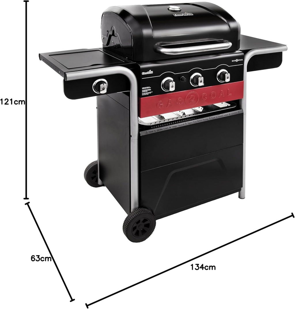Gas2Coal® Barbacoa híbrida: barbacoa de gas y carbón de tres quemadores, acabado en negro.