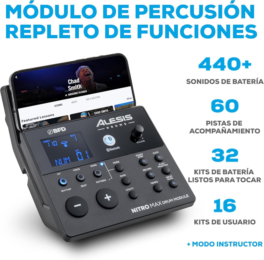 Alesis Nitro Max Kit Batería Electrónica con Parches Silenciosos de Malla, Caja de Doble Zona de 10", Bluetooth, 440+ Sonidos Auténticos, Lecciones Drumeo, USB MIDI, Pedal de Bombo