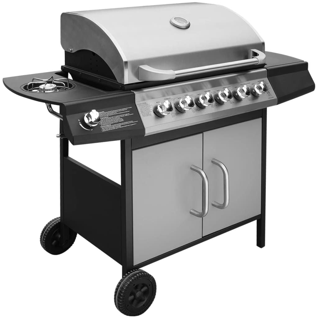 Barbacoa Grill De Gas 6+1 Quemadores Negra Y Plateada Vidaxl