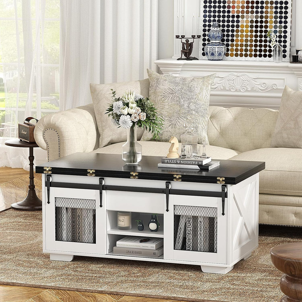 VOWNER Mesa de Centro Elevable, Mesa Extensible, Multifuncional 3 en 1 con Almacenamiento Oculto - Comedor, Convertible, Estilo Granja, Nogal