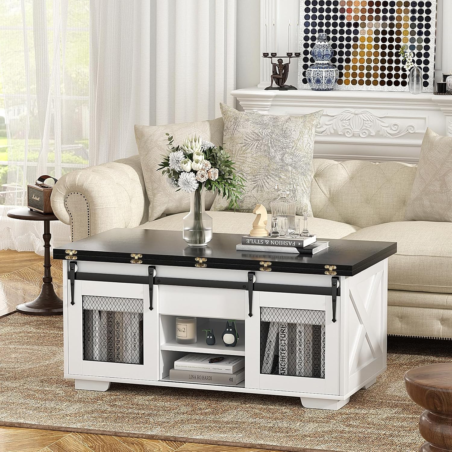 VOWNER Mesa de Centro Elevable, Mesa Extensible, Multifuncional 3 en 1 con Almacenamiento Oculto - Comedor, Convertible, Estilo Granja, Nogal