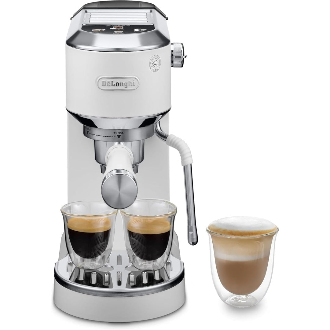 De'Longhi Dedica – Stainless Steel Pump Espresso Coffee Machine for Ground Coffee or Pods, Espresso and Cappuccino, 1.3 L Tank, Anti-Drip System, Model EC685.M, Metallic Colour