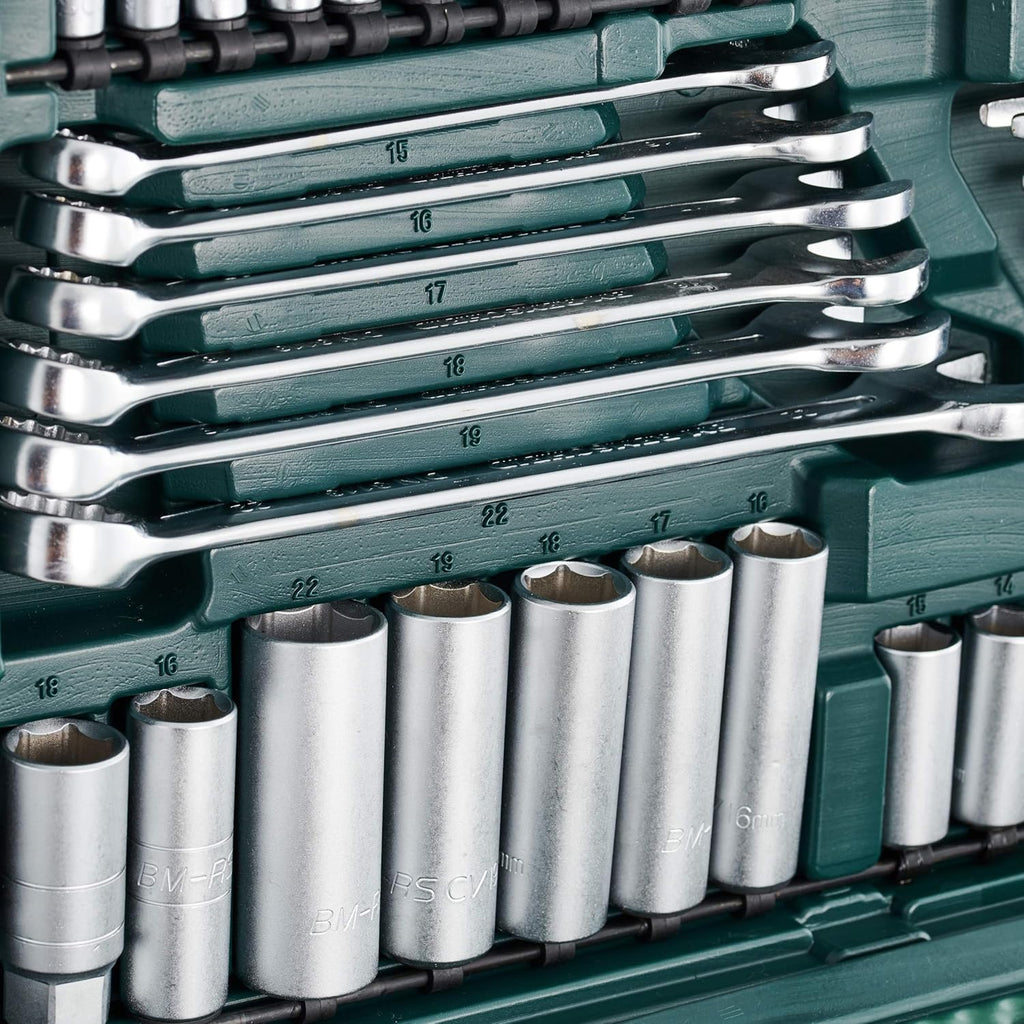 Mannesmann M98430 - Maletín con llaves de vaso y otras herramientas (215 piezas, tamaño: 12x36x51 cm), Color Verde Mannesmann