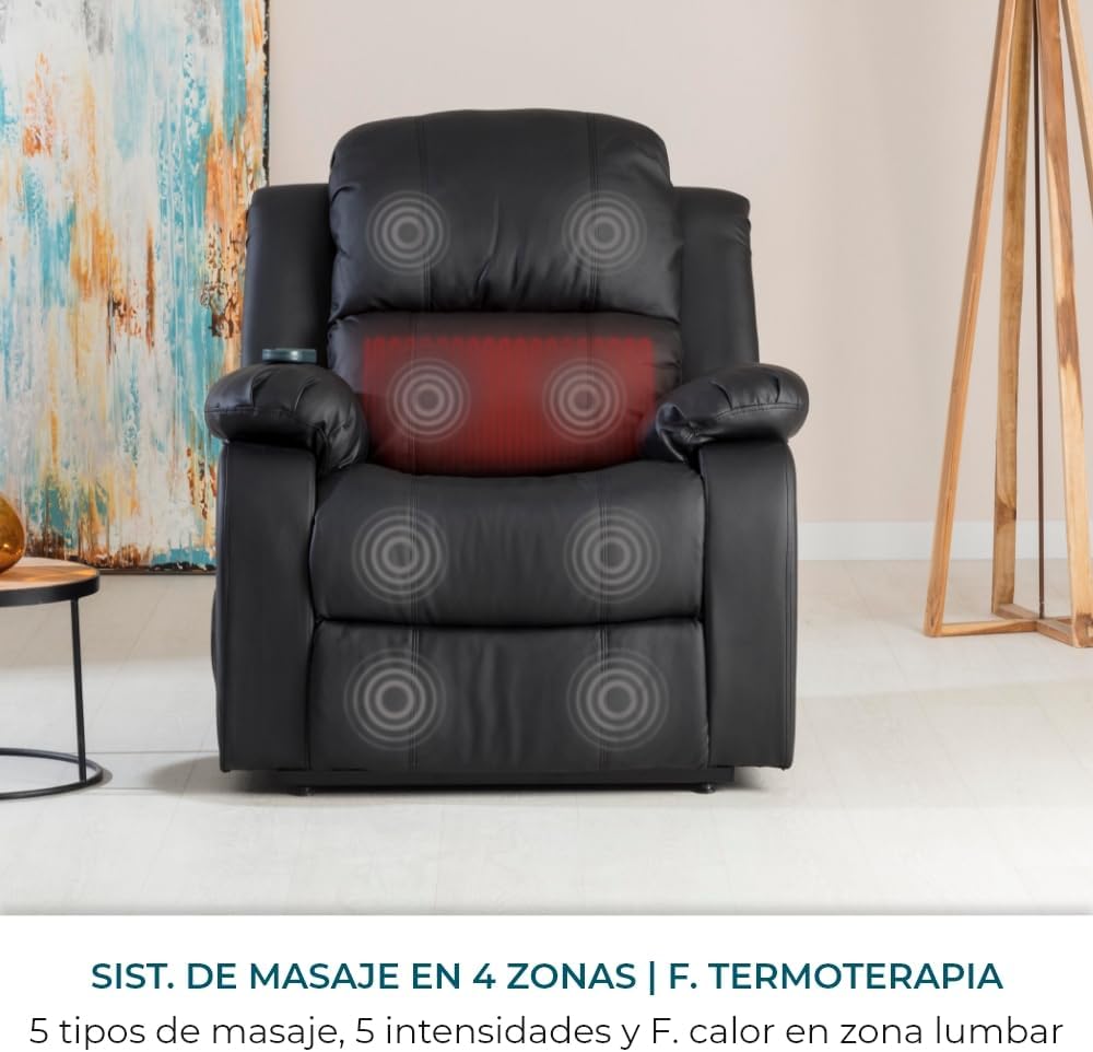 Don Descanso - Sillón Masaje Relax Calor Trevi Negro Reclinable 160º con 8 Motores Silenciosos, Calor Lumbar, Sist. Masaje 4 Zonas y Acabado en PU Anti-Cuarteo [Incluye Mando]. Ideal Gente Mayor