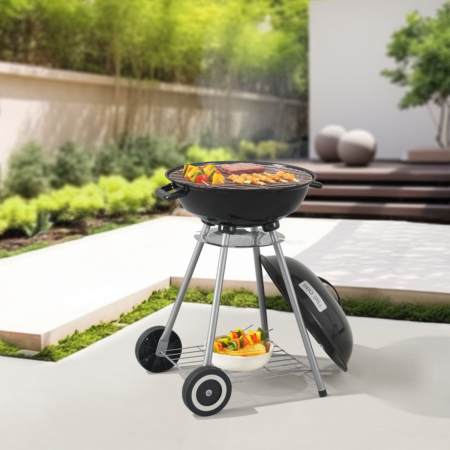 Grill kulisty węglowy Apricena z pokrywą 80x49x47cm - Czarny [casa.pro]