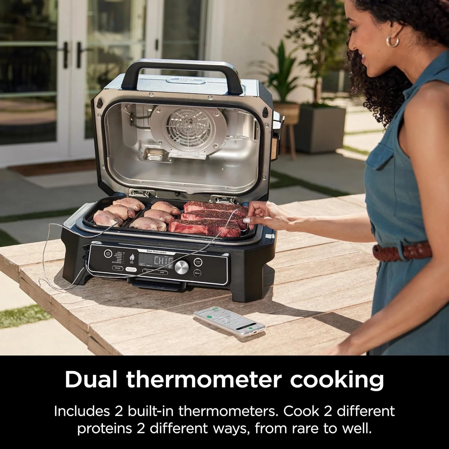 Ninja Woodfire Pro XL 2025, grill i wędzarnia zewnętrzna, termometr, grill Master 4 w 1, wędzarnia BBQ, frytkownica powietrzna na zewnątrz, piekarnik, przenośny, grill elektryczny, ciemnoszary, model OG850