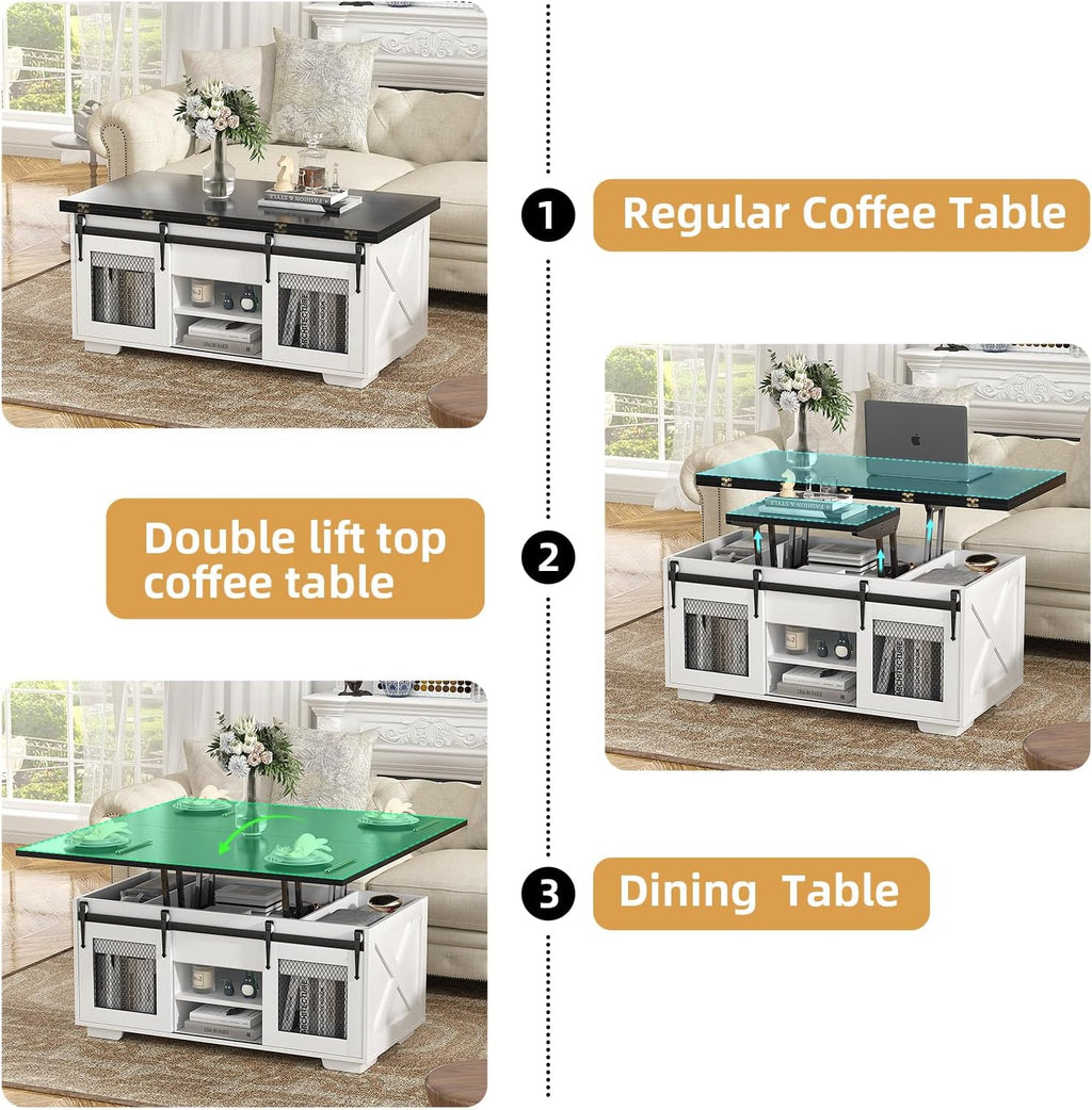 VOWNER Mesa de Centro Elevable, Mesa Extensible, Multifuncional 3 en 1 con Almacenamiento Oculto - Comedor, Convertible, Estilo Granja, Nogal