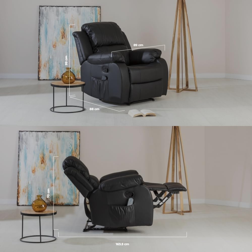 Don Descanso - Sillón Masaje Relax Calor Trevi Negro Reclinable 160º con 8 Motores Silenciosos, Calor Lumbar, Sist. Masaje 4 Zonas y Acabado en PU Anti-Cuarteo [Incluye Mando]. Ideal Gente Mayor