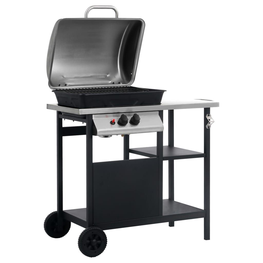 Barbacoa Portátil De Gas Con Mesita 3 Estantes Negro Y Plateado Vidaxl