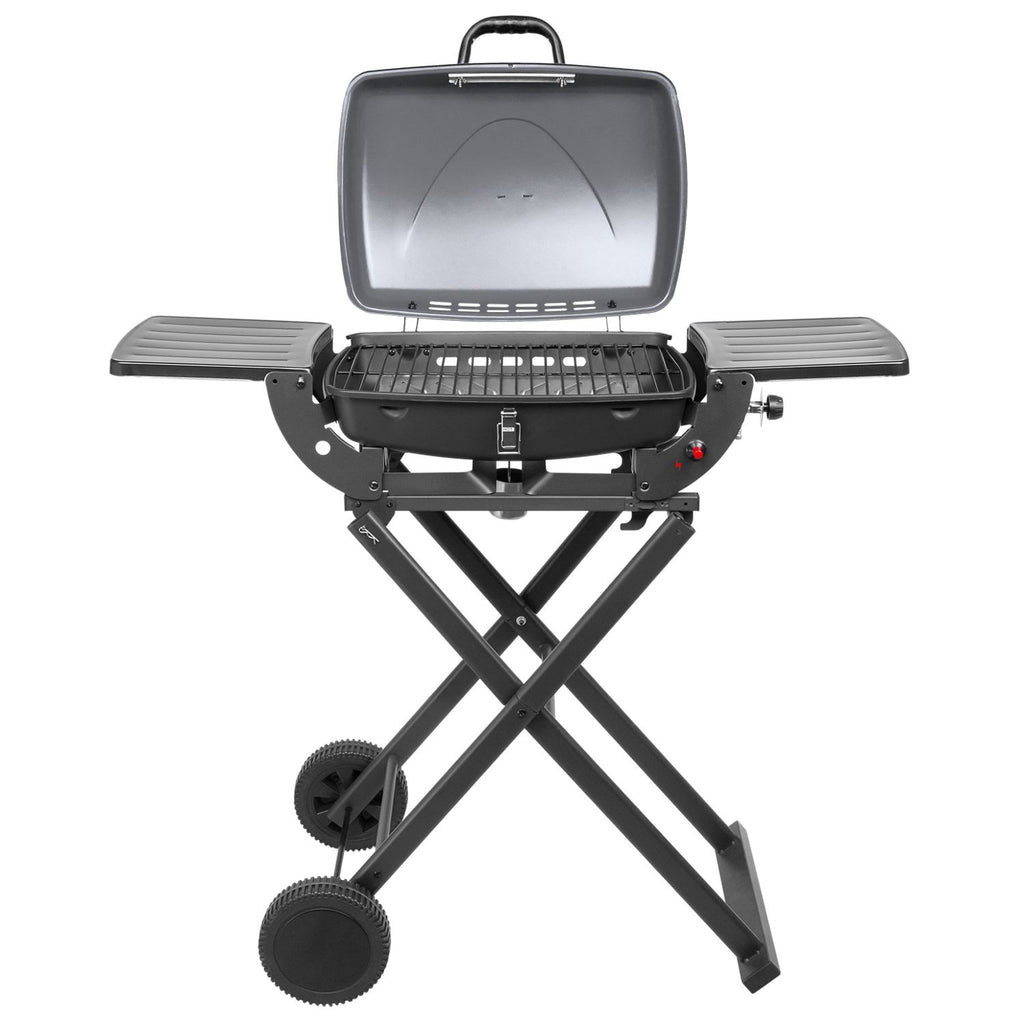 Portable folding gas grill 3.6 kW, wheels, legs, shelf