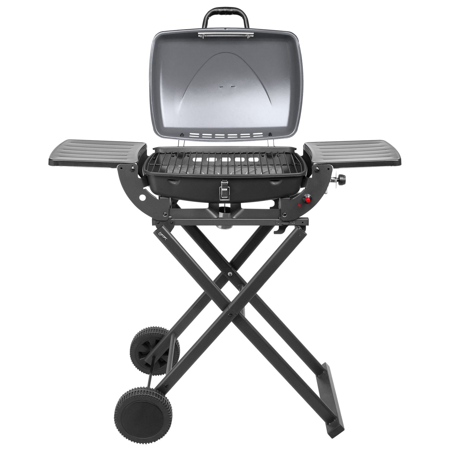 Portable folding gas grill 3.6 kW, wheels, legs, shelf