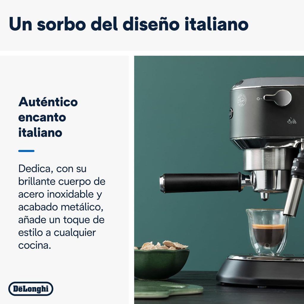 De'Longhi Dedica – Stainless Steel Pump Espresso Coffee Machine for Ground Coffee or Pods, Espresso and Cappuccino, 1.3 L Tank, Anti-Drip System, Model EC685.M, Metallic Colour