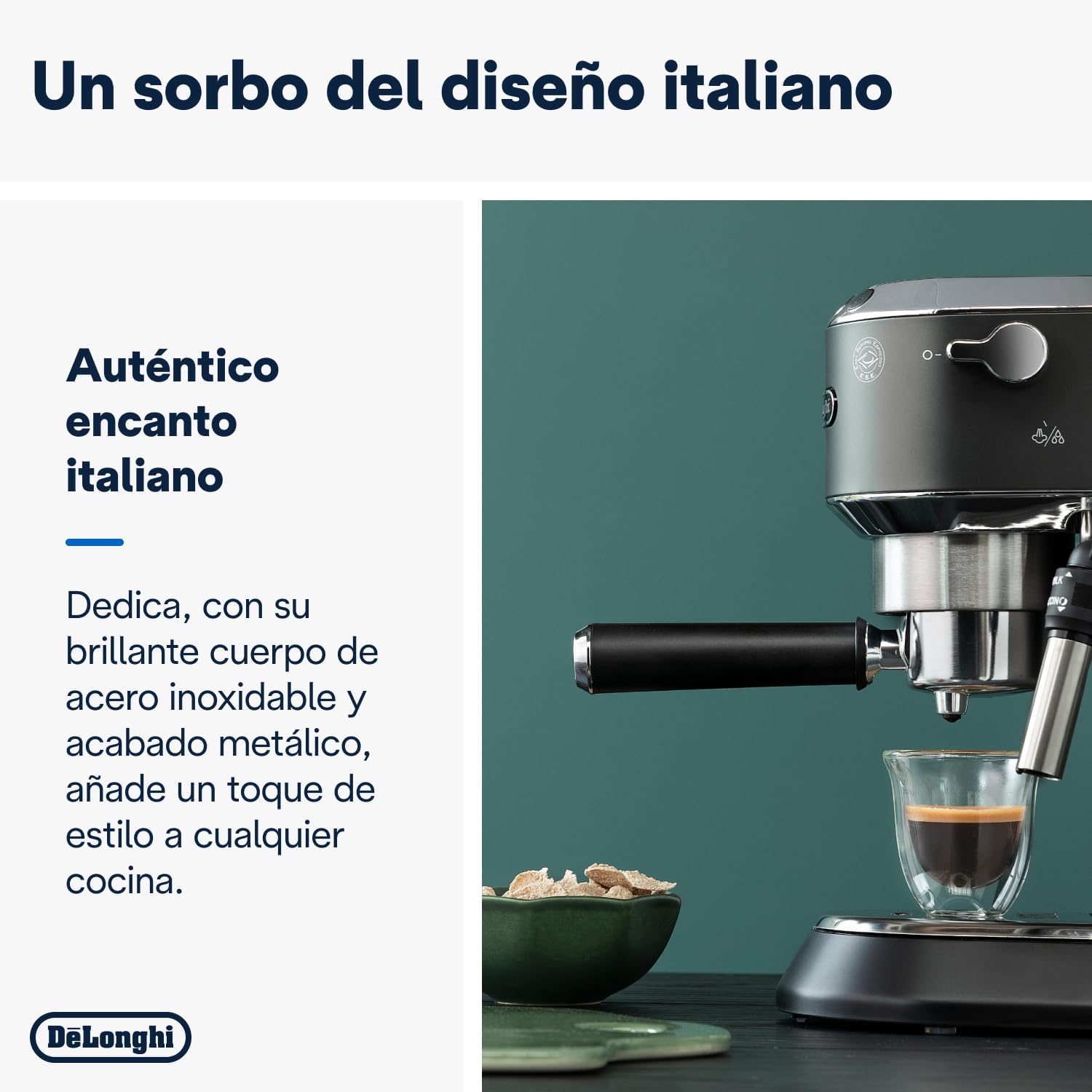 De'Longhi Dedica – Stainless Steel Pump Espresso Coffee Machine for Ground Coffee or Pods, Espresso and Cappuccino, 1.3 L Tank, Anti-Drip System, Model EC685.M, Metallic Colour