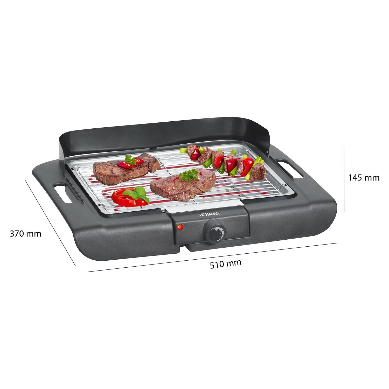 Electric grill, chrome-plated, 36 x 25 cm, thermostat, windbreak front, drip tray, black, 2000 W Bomann Bq 2243 Cb