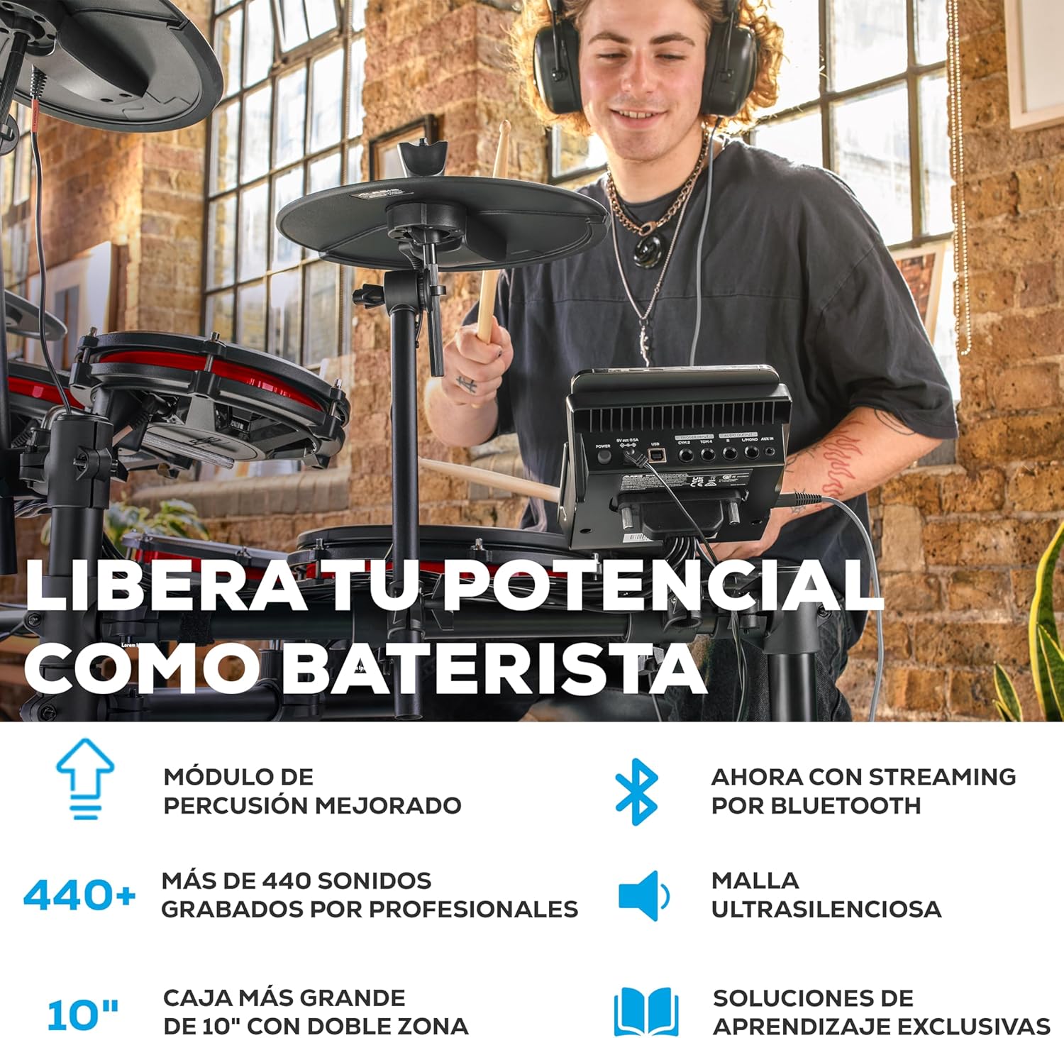 Alesis Nitro Max Kit Batería Electrónica con Parches Silenciosos de Malla, Caja de Doble Zona de 10", Bluetooth, 440+ Sonidos Auténticos, Lecciones Drumeo, USB MIDI, Pedal de Bombo