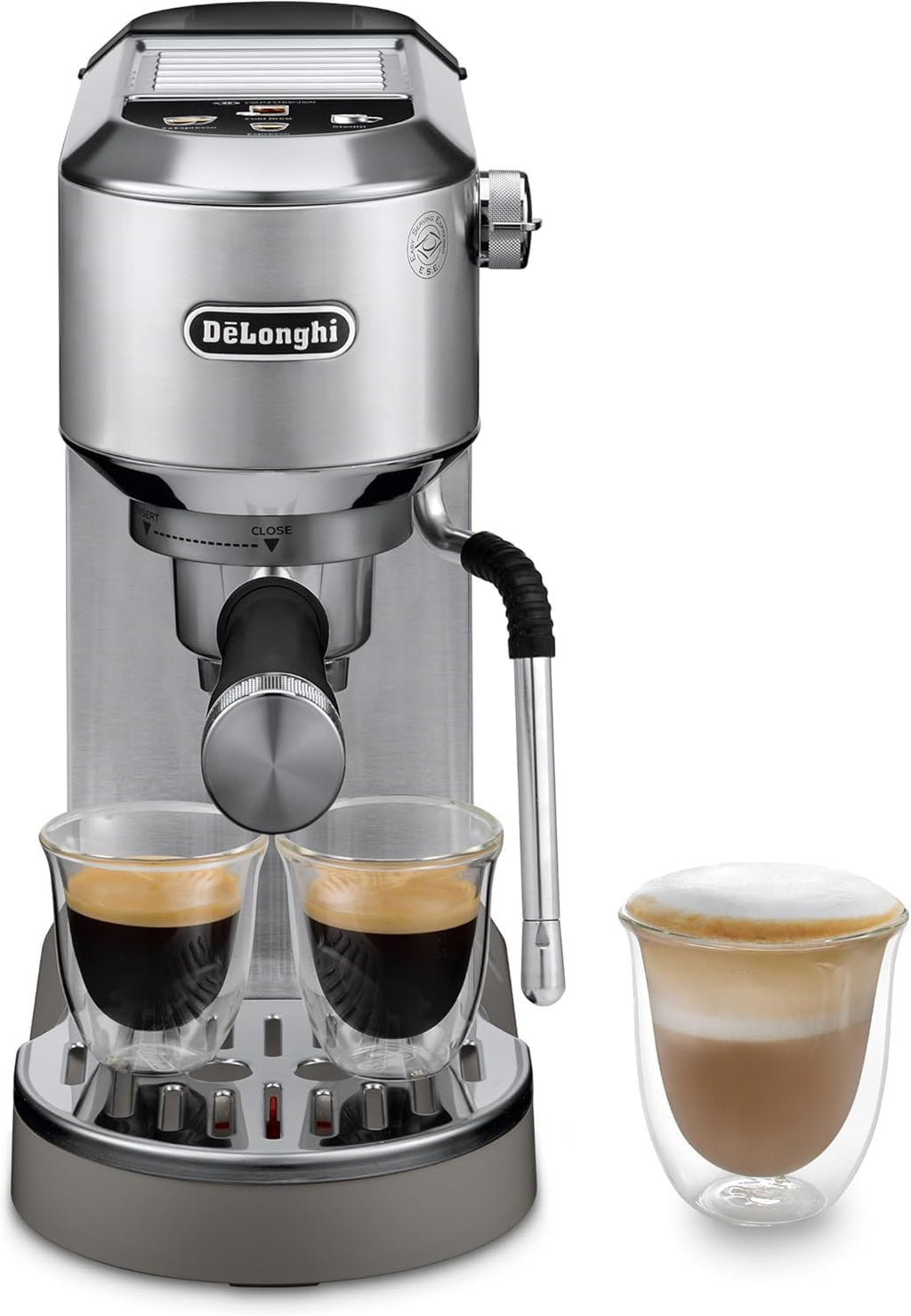 De'Longhi Dedica – Stainless Steel Pump Espresso Coffee Machine for Ground Coffee or Pods, Espresso and Cappuccino, 1.3 L Tank, Anti-Drip System, Model EC685.M, Metallic Colour