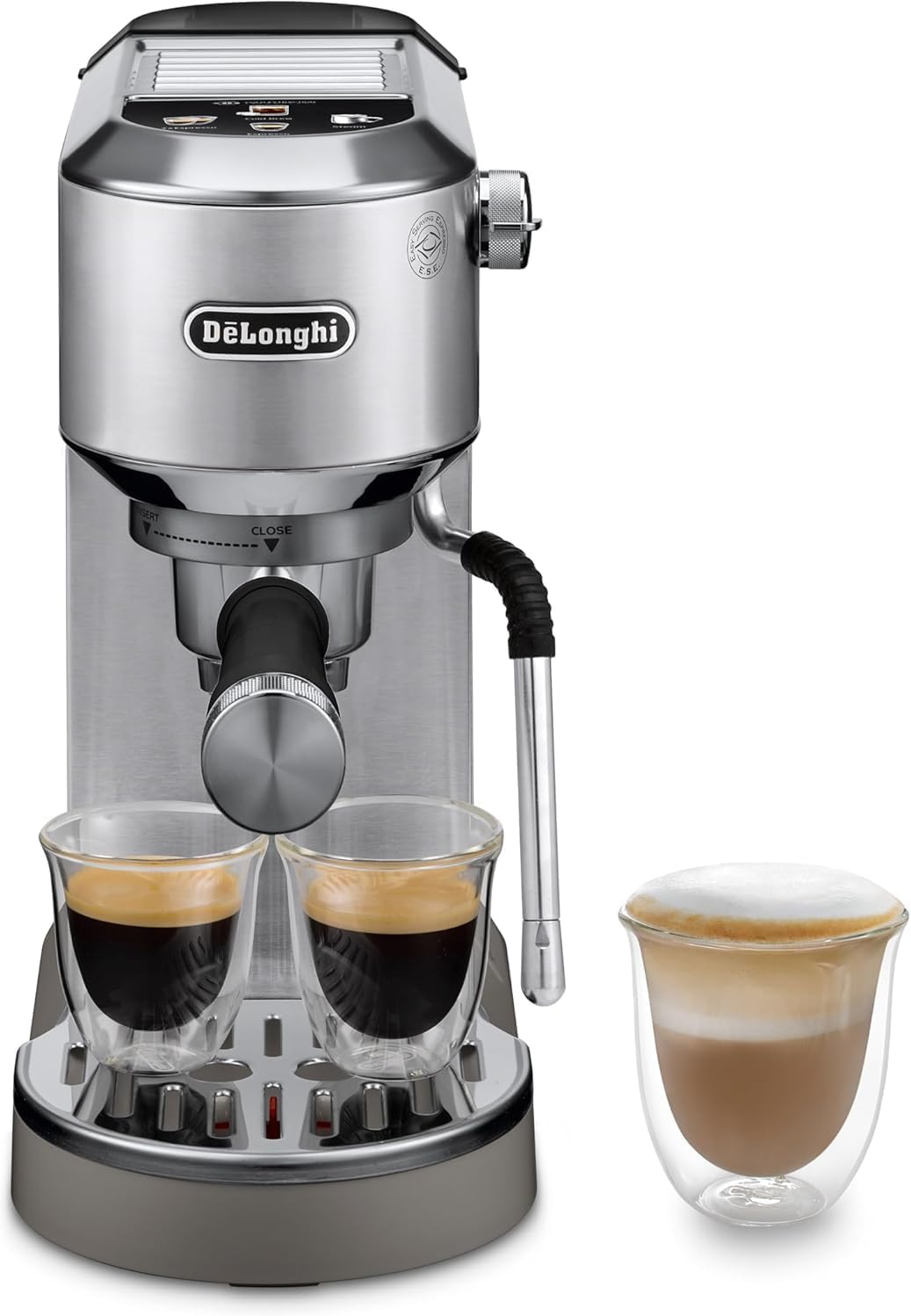 De'Longhi Dedica – Stainless Steel Pump Espresso Coffee Machine for Ground Coffee or Pods, Espresso and Cappuccino, 1.3 L Tank, Anti-Drip System, Model EC685.M, Metallic Colour