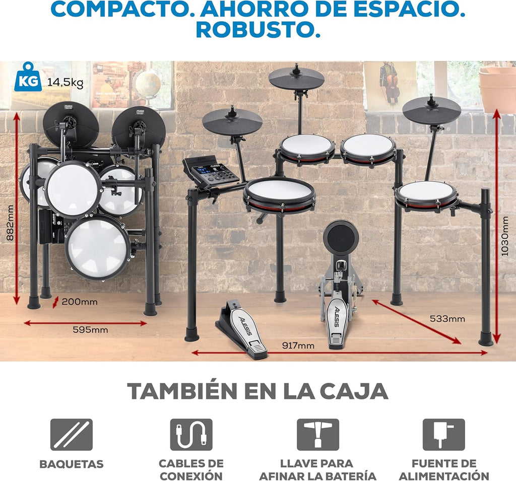 Alesis Nitro Max Kit Batería Electrónica con Parches Silenciosos de Malla, Caja de Doble Zona de 10", Bluetooth, 440+ Sonidos Auténticos, Lecciones Drumeo, USB MIDI, Pedal de Bombo