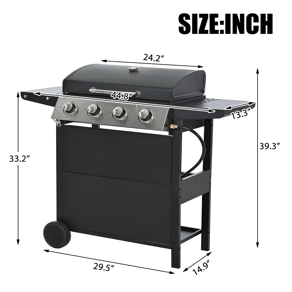 2026 Parrilla a gas SEGMART de 4 quemadores de acero inoxidable – 34,200 BTU, barbacoa para jardín/patio con dos estantes plegables y termómetro, ideal para camping y cocina al aire libre