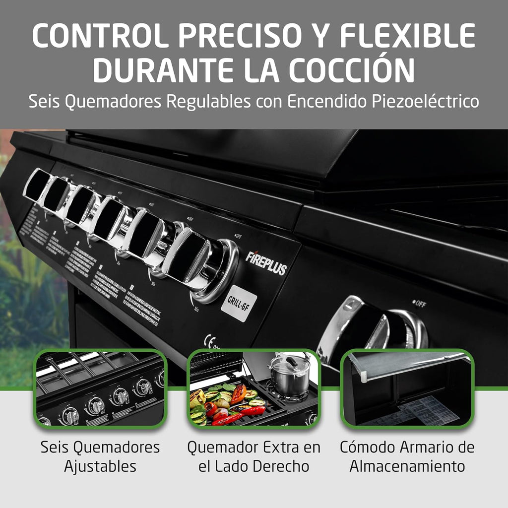 Barbacoa de gas Fireplus 6+1 de 12,9 kW - Acero inoxidable Negro - Parrilla con ruedas Modelo GRILL-6F - Barbacoa XXL con carro y termómetro - 138x52x103 cm - 7 quemadores y Bandeja lateral