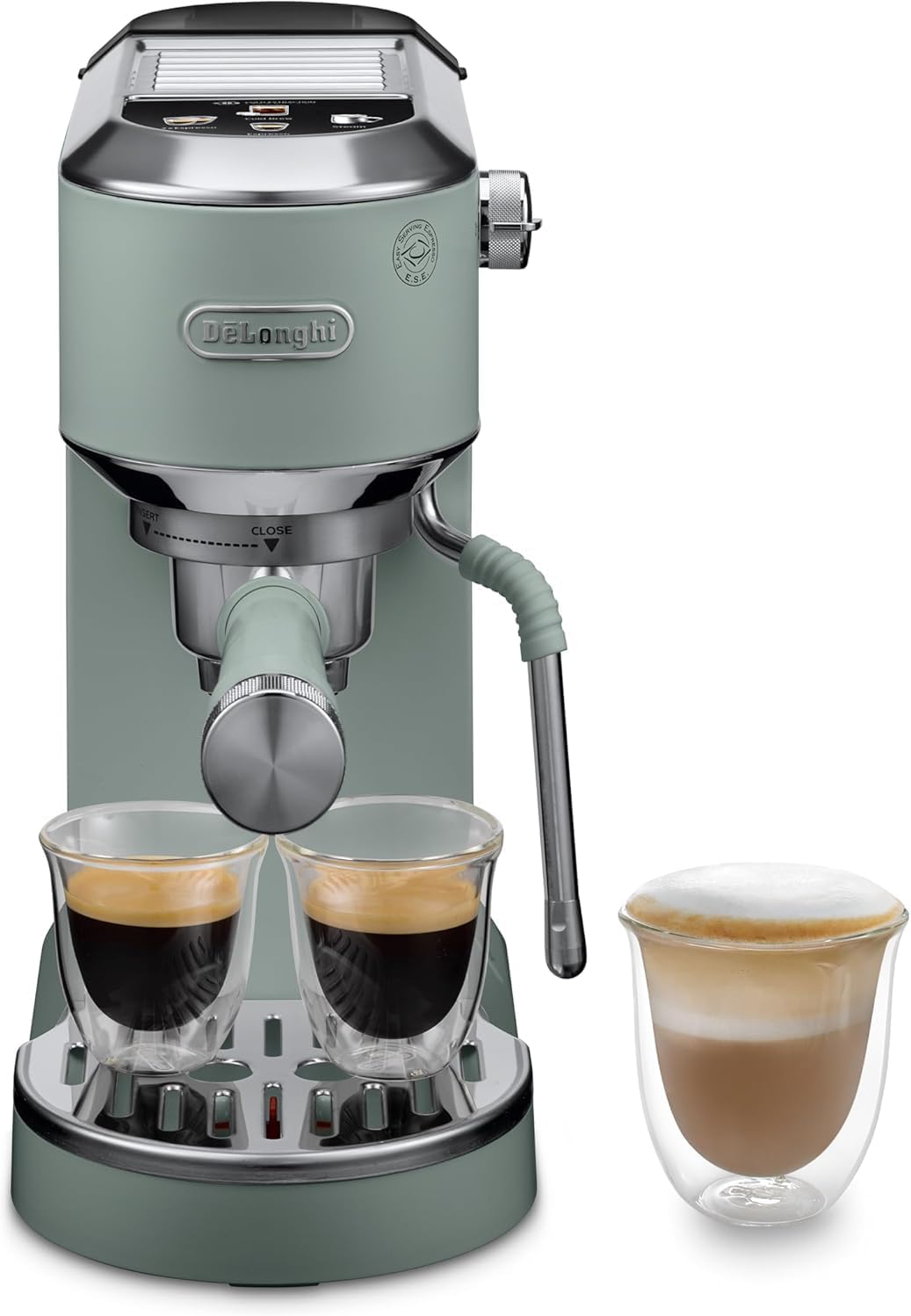 De'Longhi Dedica – Stainless Steel Pump Espresso Coffee Machine for Ground Coffee or Pods, Espresso and Cappuccino, 1.3 L Tank, Anti-Drip System, Model EC685.M, Metallic Colour