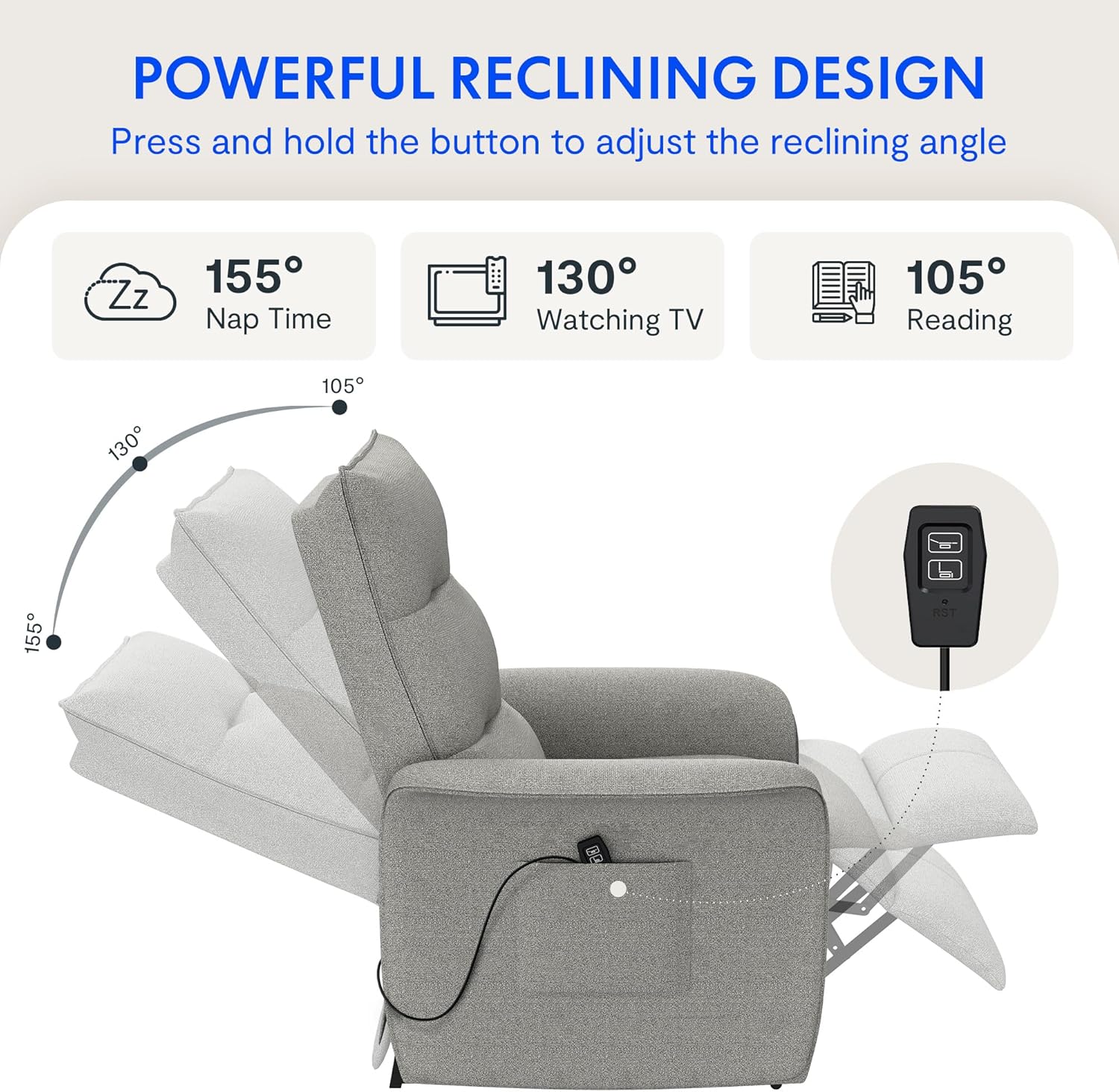 FLEXISPOT Sillón de Relax Eléctrico con Respaldo Ajustable, Reclinable de 105° a 155°, Sillon Reclinable, Sofá Relax Ergonómico Sillón para Dormitorio, Salón y Cine en casa (Gris Oscuro)