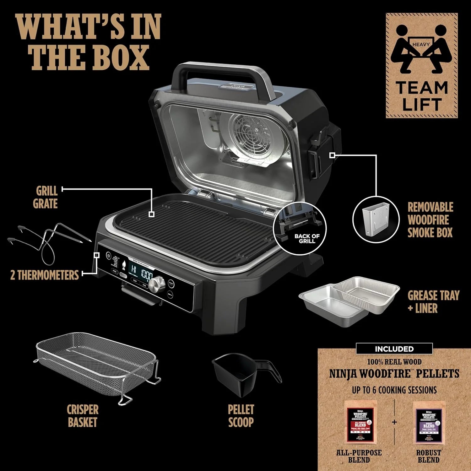 Ninja Woodfire Pro XL 2025, grill i wędzarnia zewnętrzna, termometr, grill Master 4 w 1, wędzarnia BBQ, frytkownica powietrzna na zewnątrz, piekarnik, przenośny, grill elektryczny, ciemnoszary, model OG850