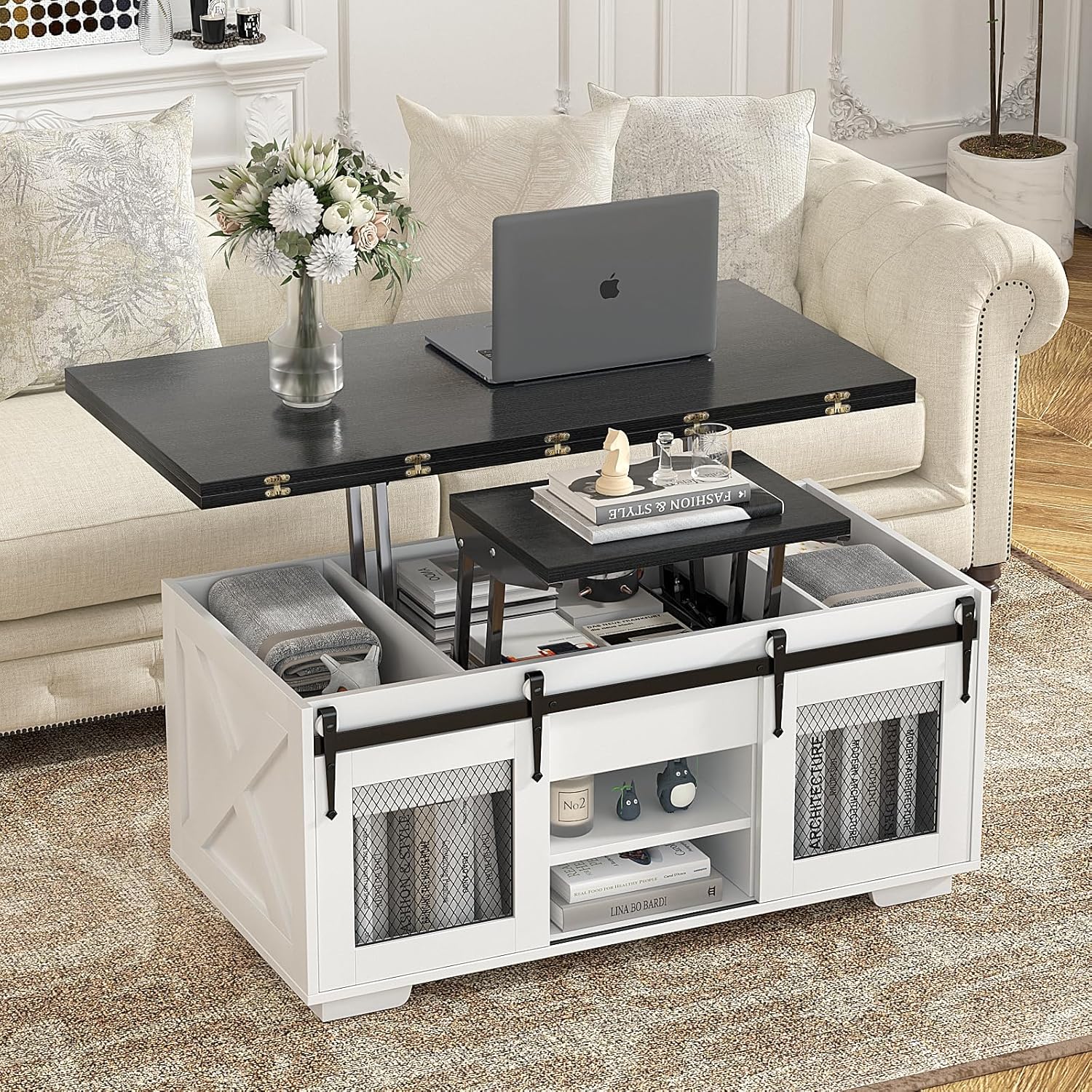 VOWNER Mesa de Centro Elevable, Mesa Extensible, Multifuncional 3 en 1 con Almacenamiento Oculto - Comedor, Convertible, Estilo Granja, Nogal