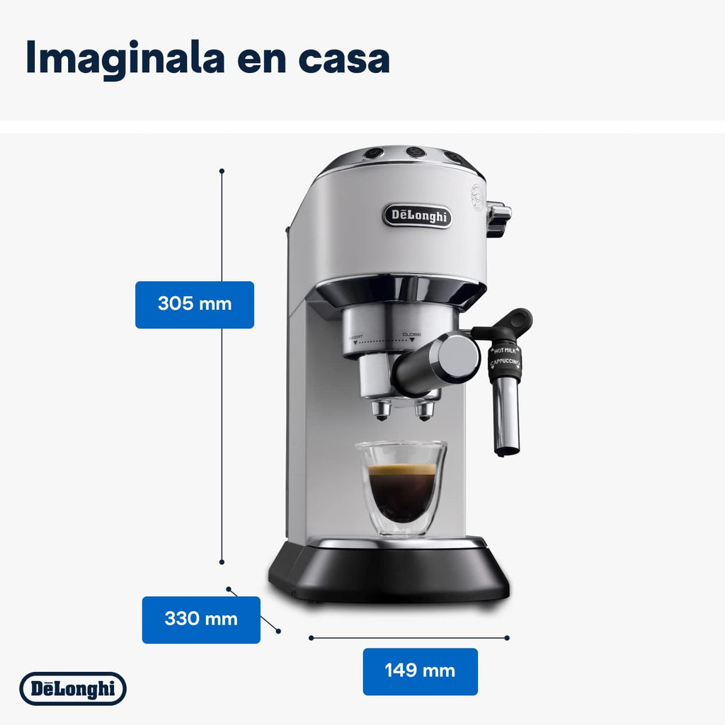 De'Longhi Dedica – Stainless Steel Pump Espresso Coffee Machine for Ground Coffee or Pods, Espresso and Cappuccino, 1.3 L Tank, Anti-Drip System, Model EC685.M, Metallic Colour