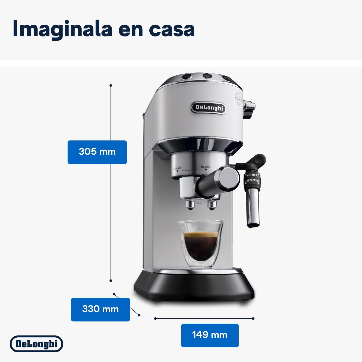 De'Longhi Dedica – Stainless Steel Pump Espresso Coffee Machine for Ground Coffee or Pods, Espresso and Cappuccino, 1.3 L Tank, Anti-Drip System, Model EC685.M, Metallic Colour