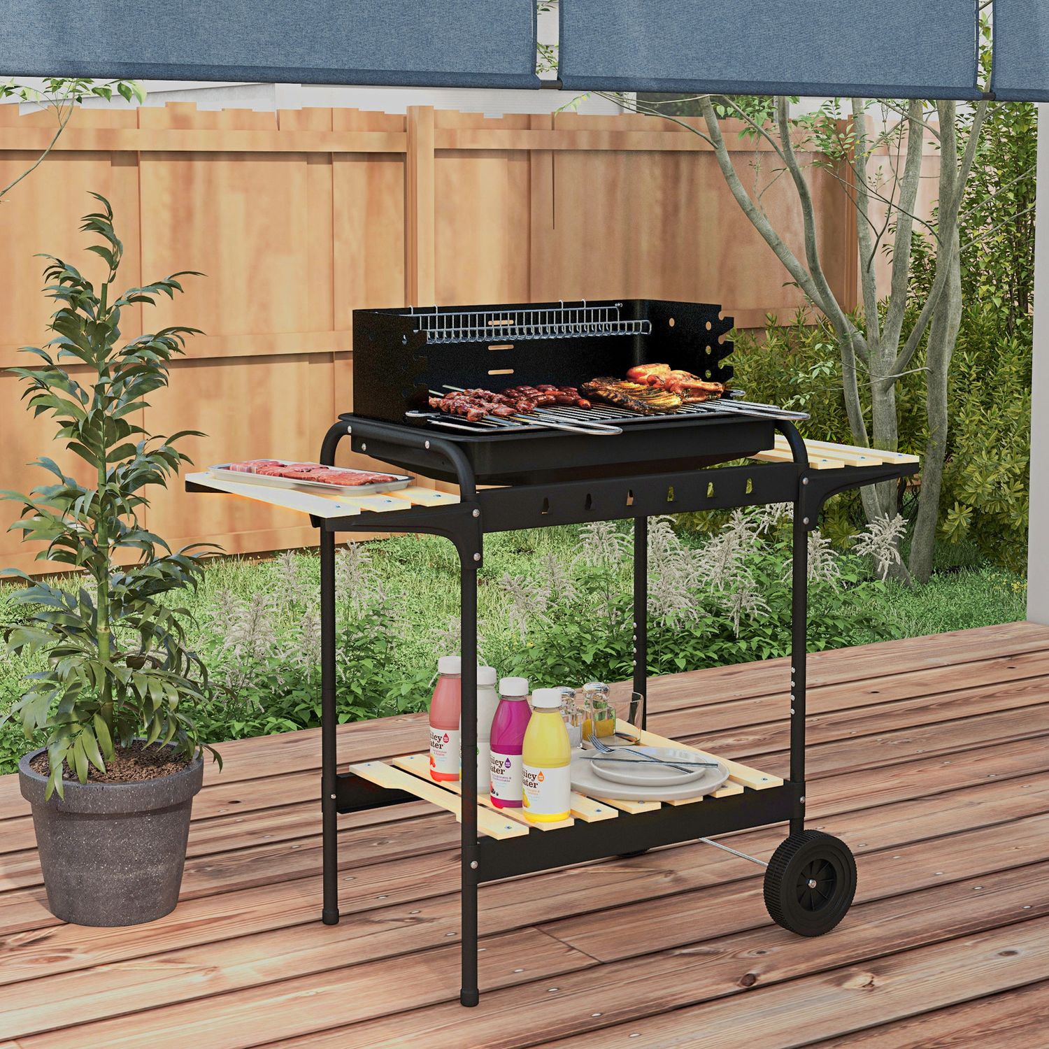 Barbacoa De Carbón Outsunny Metal Pino, 103x47x95 Cm, Negro