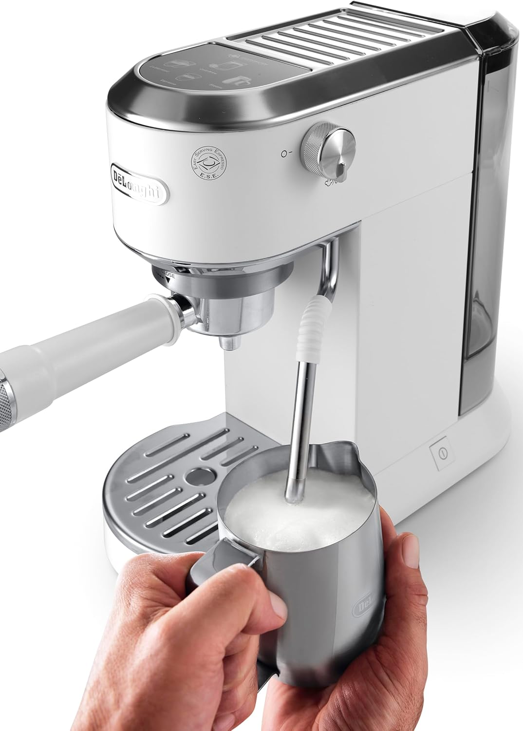 De'Longhi Dedica – Stainless Steel Pump Espresso Coffee Machine for Ground Coffee or Pods, Espresso and Cappuccino, 1.3 L Tank, Anti-Drip System, Model EC685.M, Metallic Colour