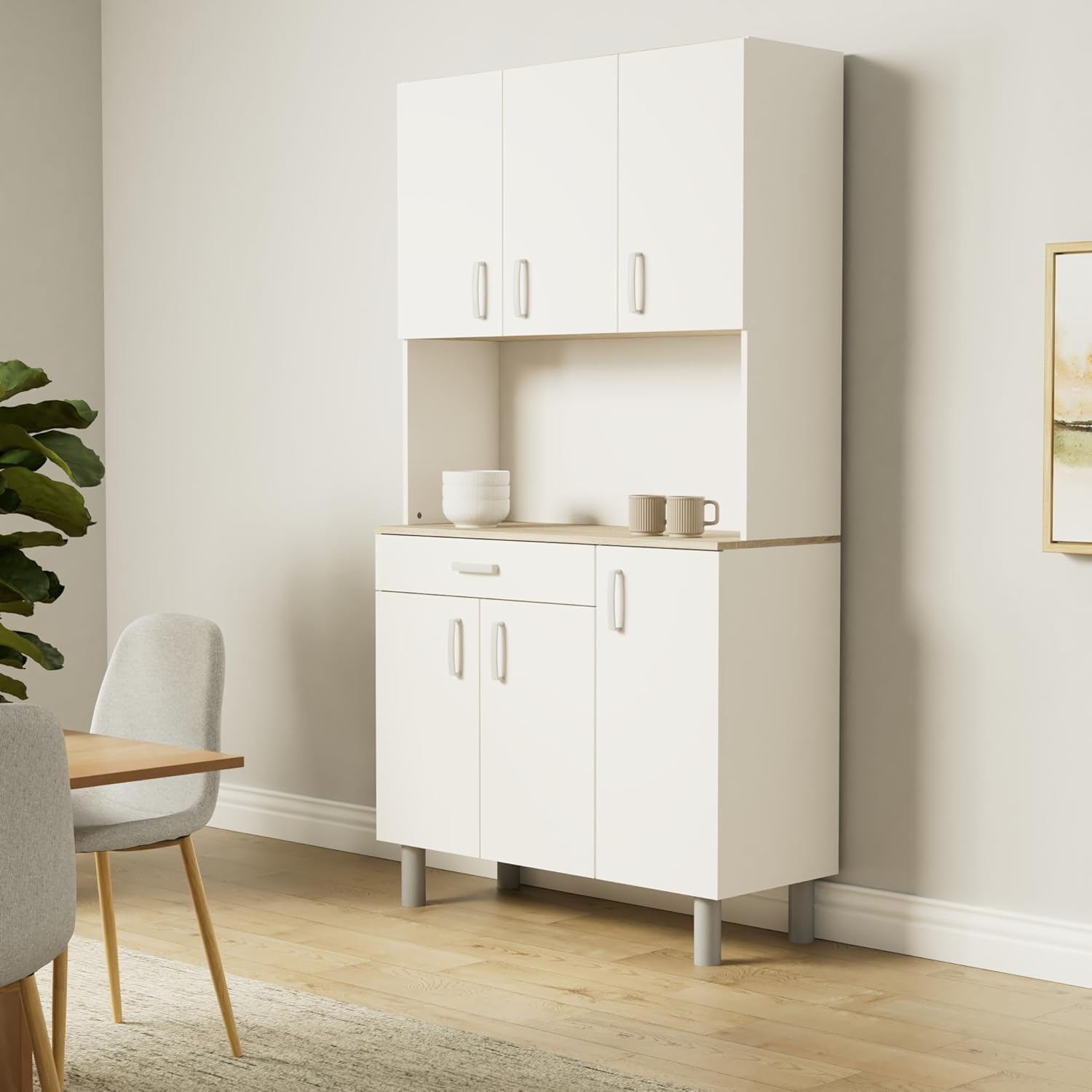 Miroytengo Kitchen Side Cabinet, Kitchen Cabinet, Buffet Kitchen Cupboard 6 Doors White and Oak Kronberg 101 x 185 cm