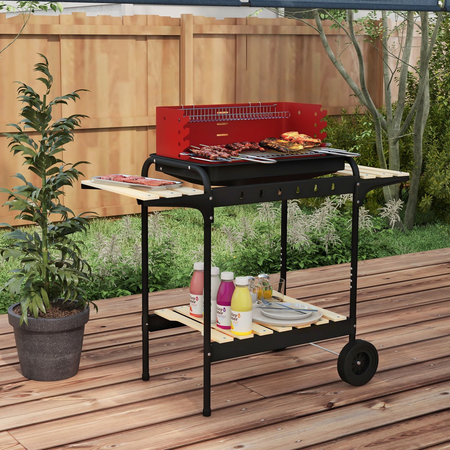 Outsunny grill węglowy, metalowy, sosnowy, 103x47x95 cm, czerwono-czarny