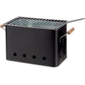 Small, rectangular, portable charcoal grill made of iron and zinc