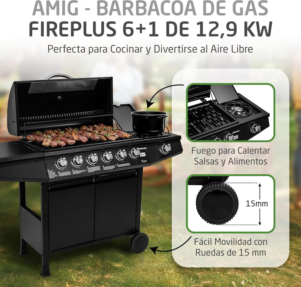 Grill gazowy Fireplus 6+1, 12,9 kW – stal nierdzewna czarna – grill na kółkach, model GRILL-6F – grill XXL z wózkiem i termometrem – 138 x 52 x 103 cm – 7 palników i półka boczna