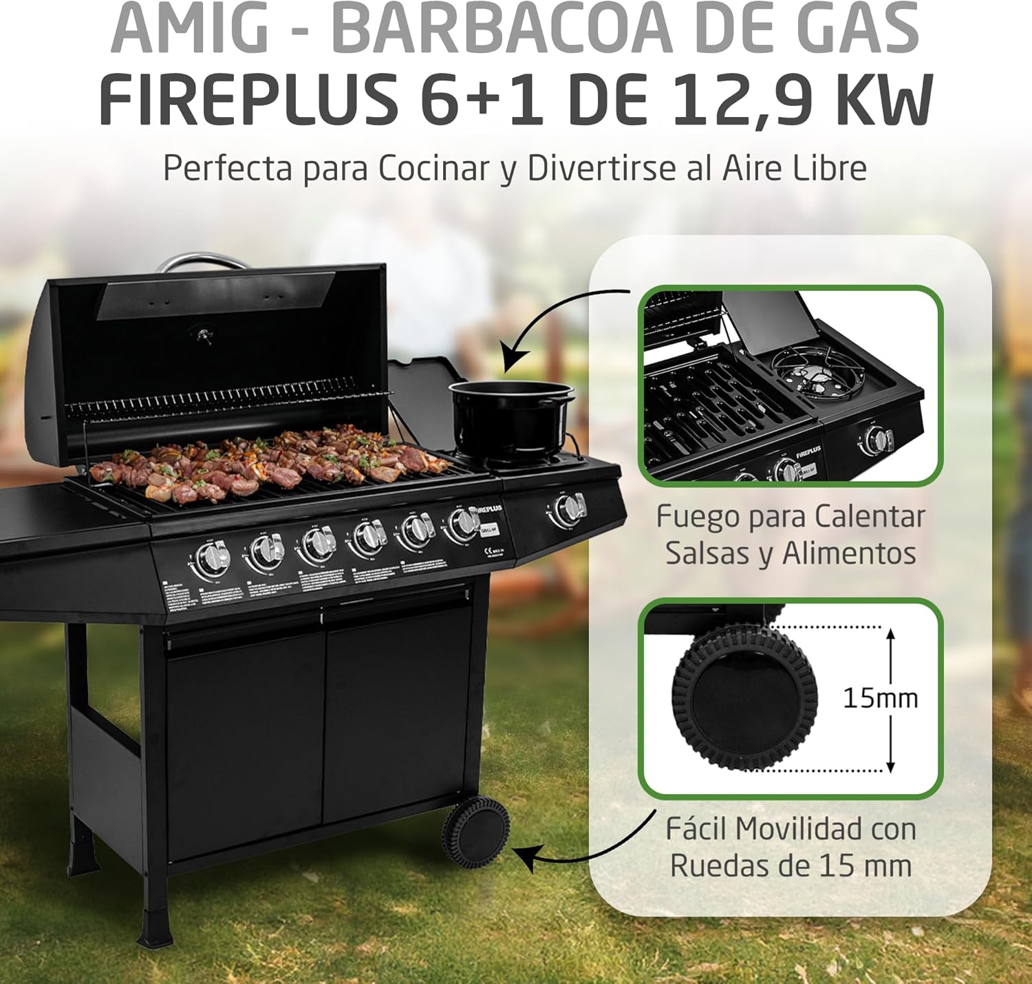 Grill gazowy Fireplus 6+1, 12,9 kW – stal nierdzewna czarna – grill na kółkach, model GRILL-6F – grill XXL z wózkiem i termometrem – 138 x 52 x 103 cm – 7 palników i półka boczna