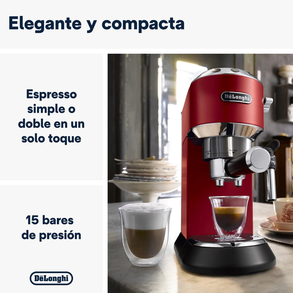 De'Longhi Dedica – Stainless Steel Pump Espresso Coffee Machine for Ground Coffee or Pods, Espresso and Cappuccino, 1.3 L Tank, Anti-Drip System, Model EC685.M, Metallic Colour