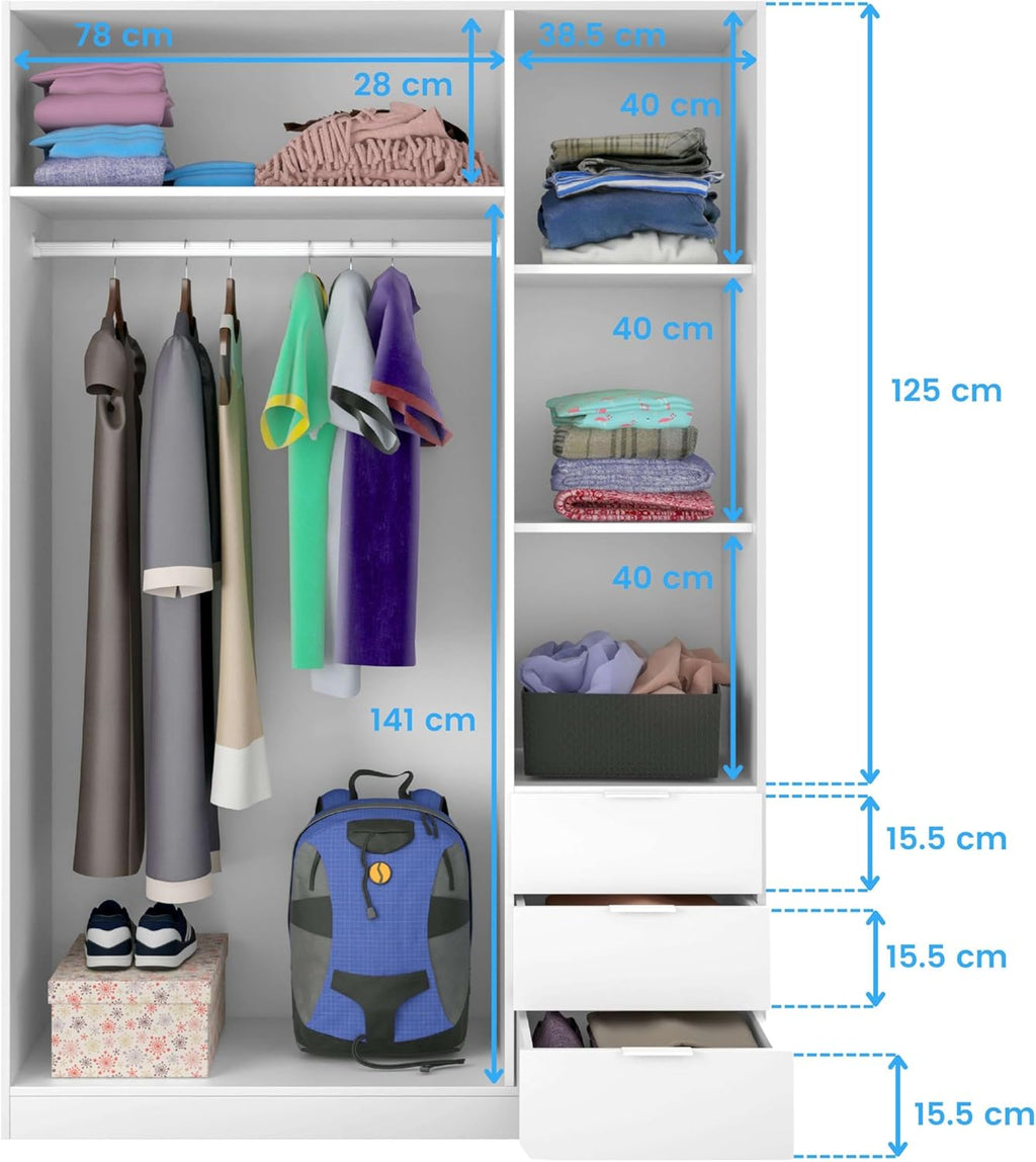 Habitdesign Three Door and Three Drawer Wardrobe Closet, Artic White Finish, Measurements: 121 cm (W) x 180 cm (H) x 52 cm (D)