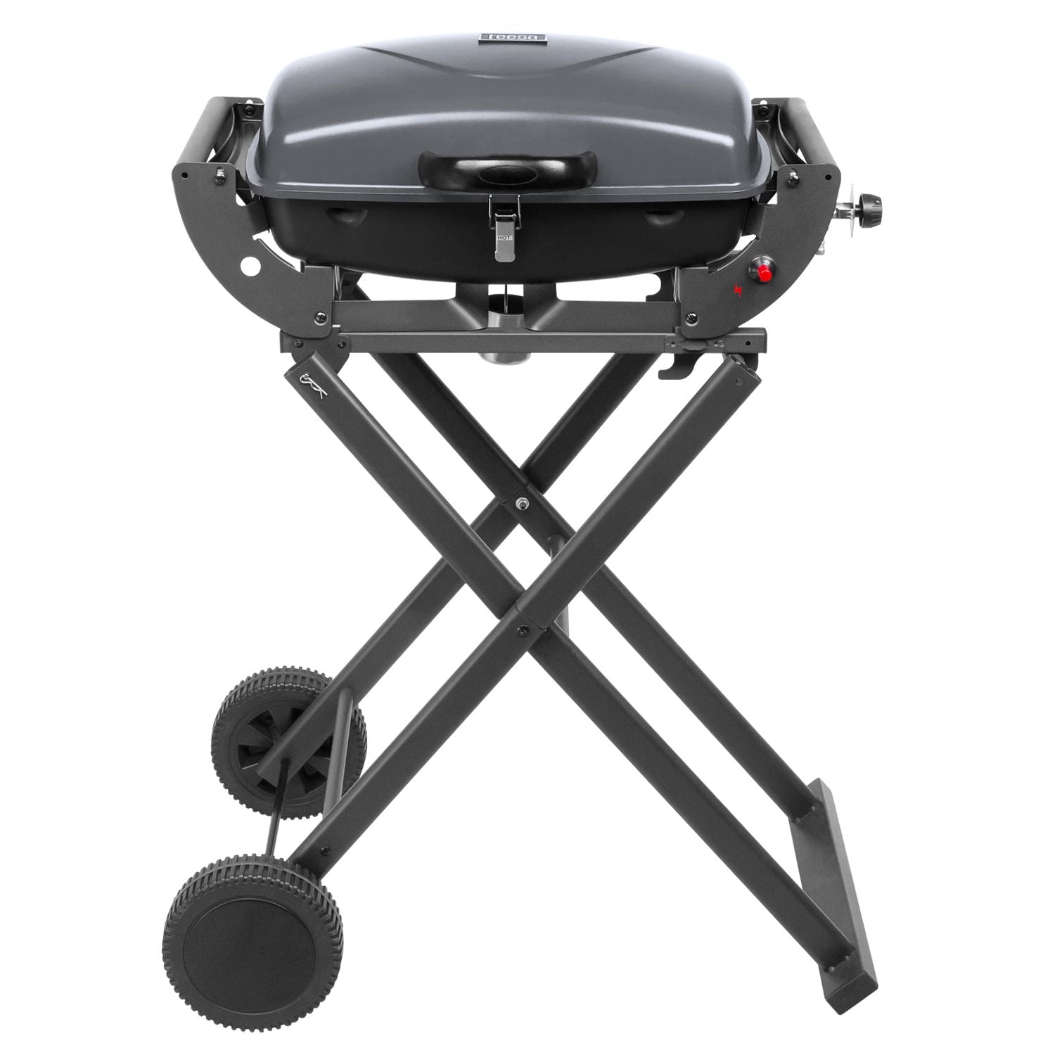Portable folding gas grill 3.6 kW, wheels, legs, shelf
