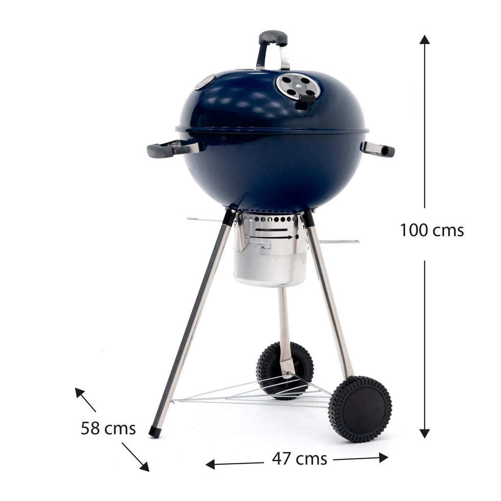 Barbacoa De Carbón Portátil Con Ruedas Kekai Yellowstone 58x47x100 Cm Redonda Con Tapa Y Encendedor Esmaltado En Azul