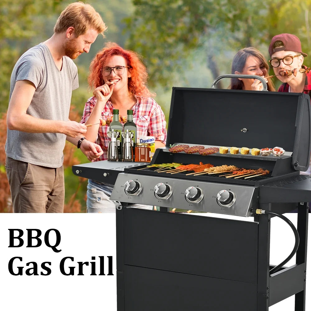 2026 Parrilla a gas SEGMART de 4 quemadores de acero inoxidable – 34,200 BTU, barbacoa para jardín/patio con dos estantes plegables y termómetro, ideal para camping y cocina al aire libre