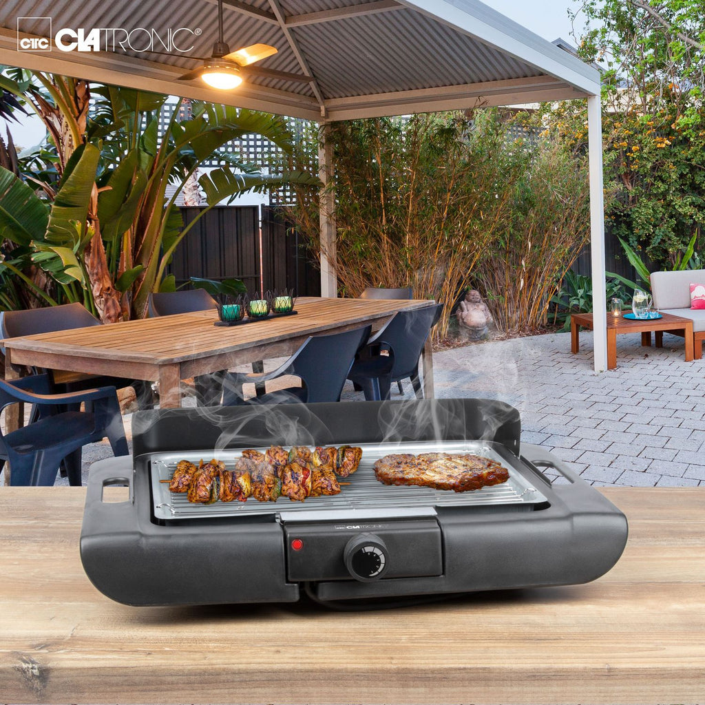 Barbacoa Eléctrica Con Patas, Parrilla Cromada, Ajuste Temperatura, Interior / Exterior Negro/plata 2000w Clatronic Bqs 3508